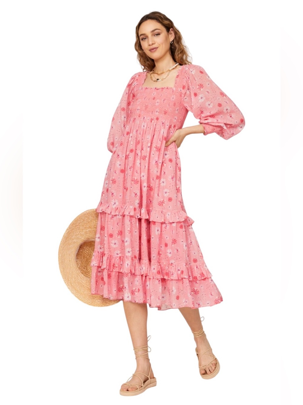LoveShackFancy Miri Dress – Pink Floral Smocked Midi Dress – Size Large